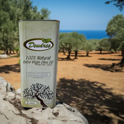 DENDRES natives Olivenöl extra aus Kreta Natives Olivenöl extra aus Kreta von DENDRES, fotografiert in einem Olivenhain mit Meerblick